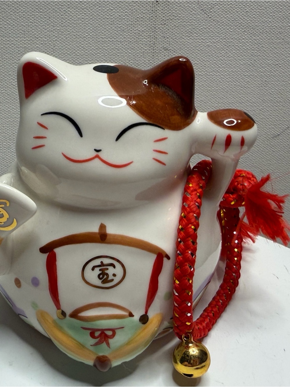 Decorative White and Brown Maneki Neko Ceramic Cat with Red Cord
